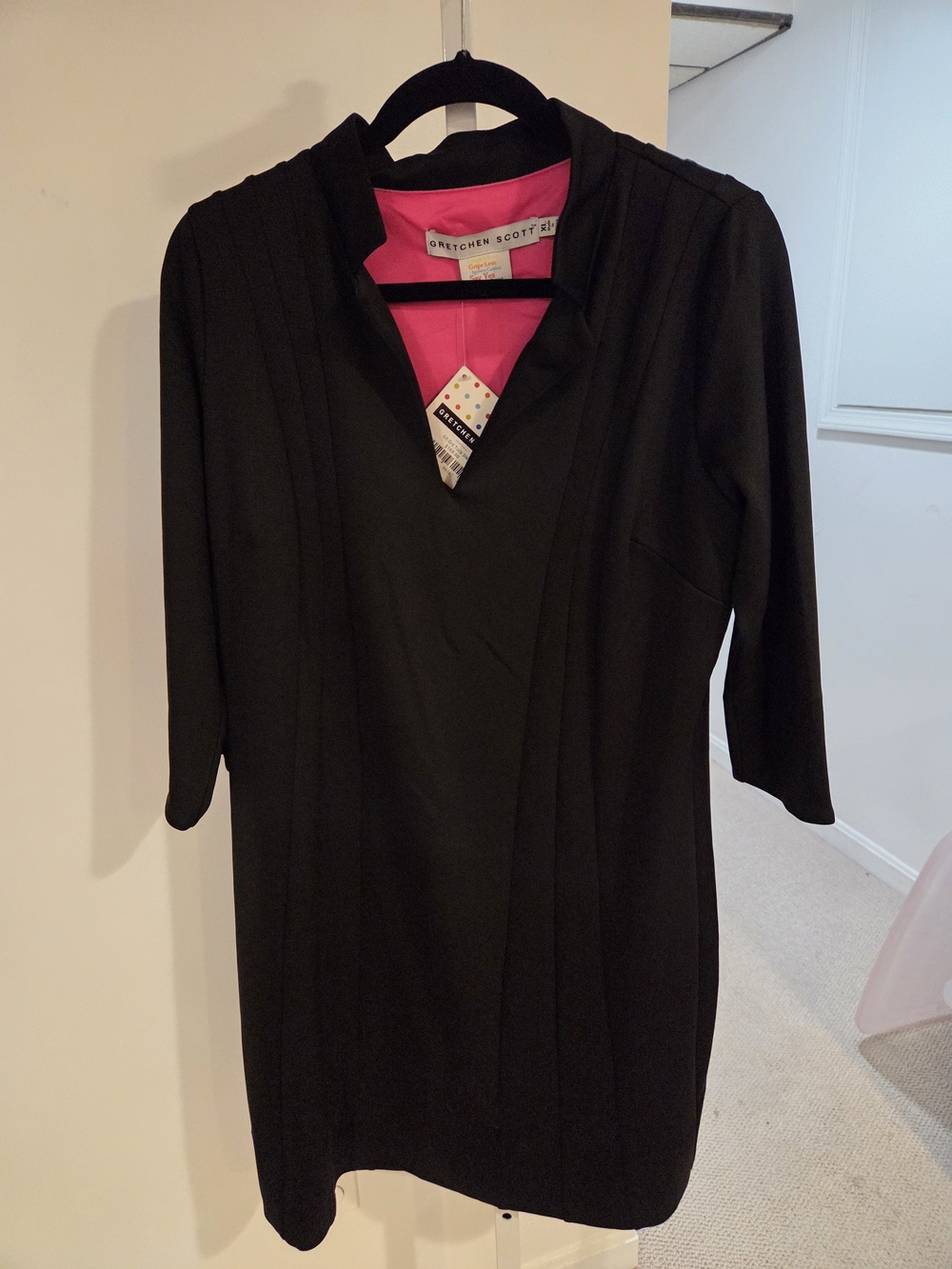 Gretchen Scott Designs Black V-Neck Shift Dress with Pink Lining